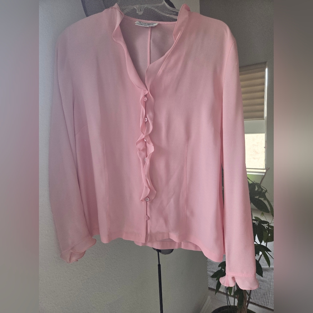 Pink Ruffle-Front Long-Sleeve 100% Silk Blouse